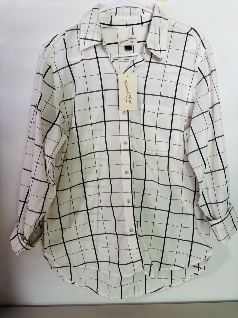 Universal Thread White Button-Down Shirt with Black Windowpane Grid